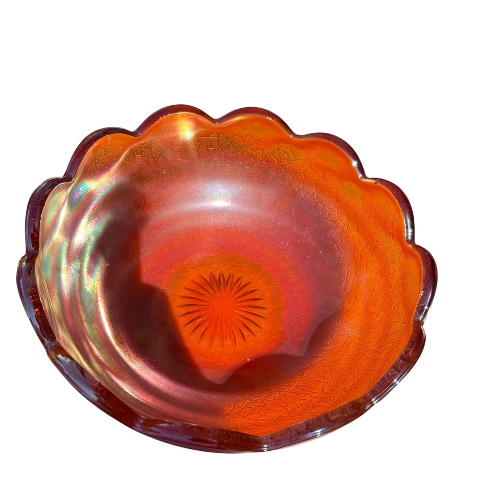 Jeannette Glass Carnival Bowl Marigold Crackle Scalloped Edge Vintage 7 inch